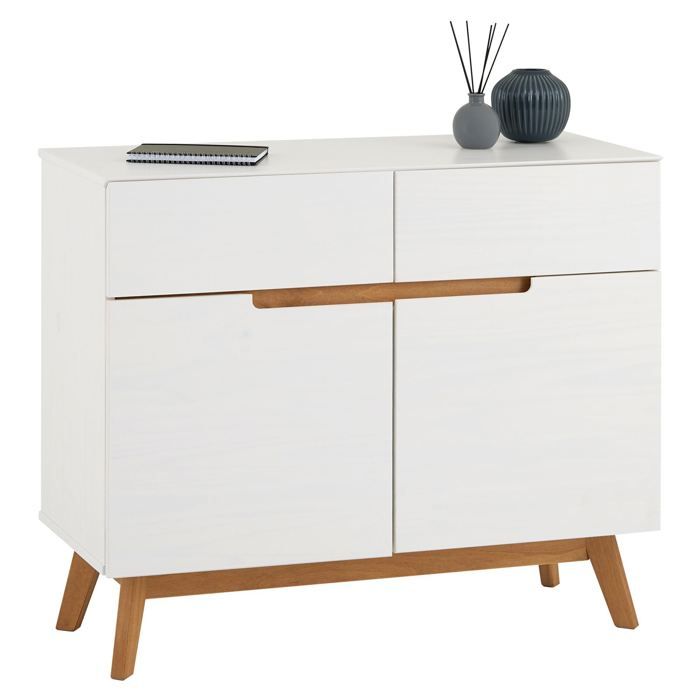 buffet tibor style scandinave design vintage nordique commode bahut vaisselier avec 2 tiroirs et 2 portes en pin massif lasure blanc cdiscount maison