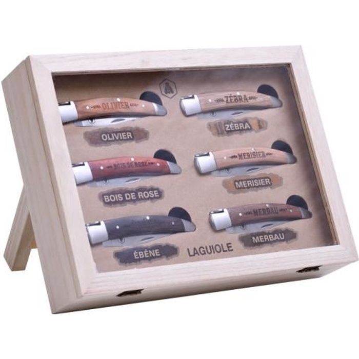 LAGUIOLE - Laguiole Ensemble 6 Couteaux Pliants, Bois Différents, Lames en Acier Inoxydable, Marron, 29cm - Acier Inoxydable