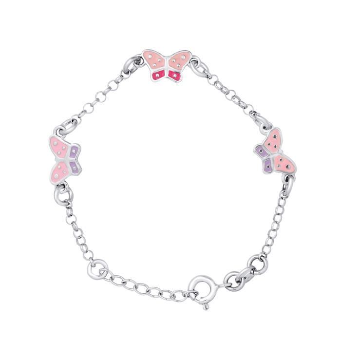 Bracelet Enfants - LÉA & ARTHUR - 3 PAPILLIONS - Argent 925 Rhodié - Émail Rose - Longueur Réglable