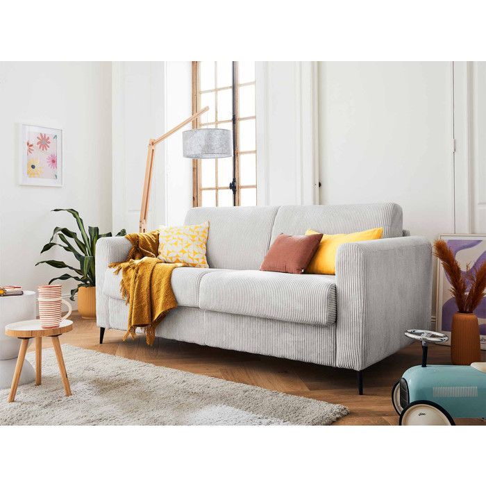 Owen - canapé lit 3 places convertible express couchage quotidien 140 cm matelas 12 cm en velours côtelé - Gris clair