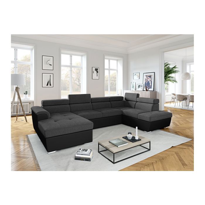 Canapé panoramique convertible avec 2 coffres PAOLA en tissu et simili - Gris/Noir - L320 5 x P188 x H76cm - LOUNGITUDE