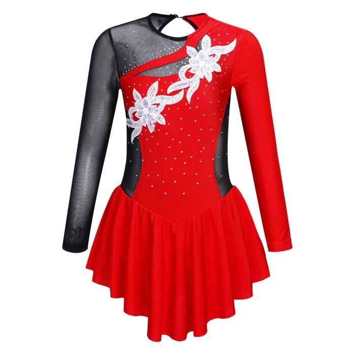 Robe Patinage Artistique Fille Justaucorps Strass Avec Manchettes - Tenue Compétition Danse