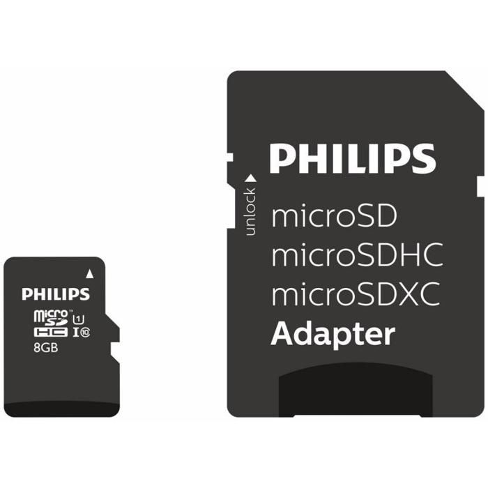 Carte mémoire Micro SD Classe 10 8 Go - PHILIPS FM08MP45B-10 - Vitesse de lecture jusquà 80 Mo/s - Noir