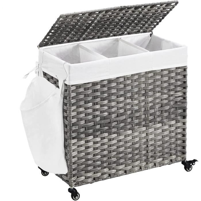 Panier à Linge - SONGMICS - 140L - Imitation Rotin - 3 Compartiments - Gris LCB363G01