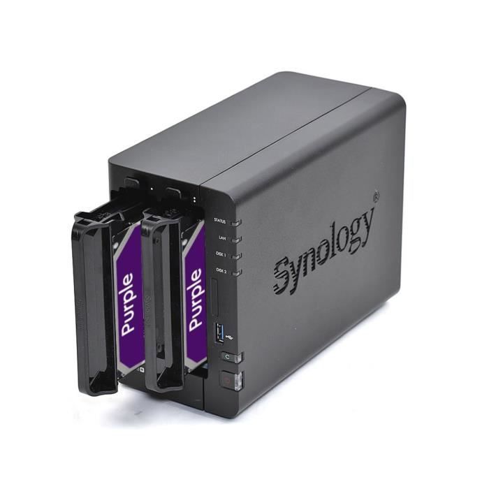 Serveur NAS SYNOLOGY DS223 – 2 baies – 4To avec 2x disques durs WD 2TB PURPLE – Gigabit Ethernet – RAID 0