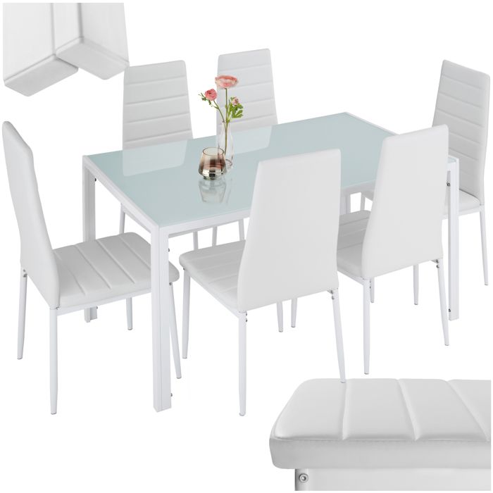 Ensemble table et chaises repas - TECTAKE - Ensemble dîner BRANDENBURG avec 6 chaises rembourrées 130 cm x 70 cm x 75 cm - Blanc
