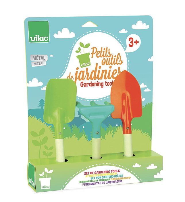 Set de 3 outils de jardinage pour enfant VILAC en bois et métal - pelle, rateau, binette - vert