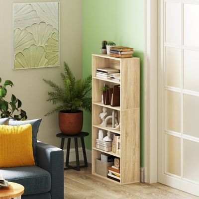 Étagère Sur Pied 5 étages - Dimensions 60x24x180 Cm - En Panneau De Densité Couleur Chêne - Capacité 30 Kg - Pour Salon, Bureau, Rangement