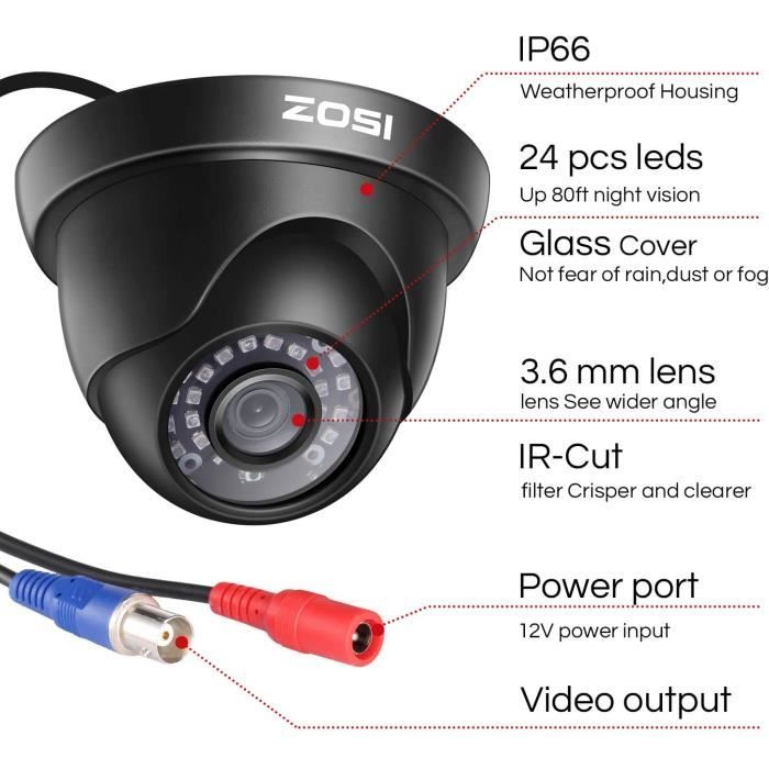 ZOSI 1080p Caméra de Surveillance (Quadbrid 4-in-1 HD-CVI/TVI/AHD/960H  Analog CVBS) 24PCS LEDs Vision Nocturne 65ft, Objectif 3.6mm - Cdiscount  Bricolage