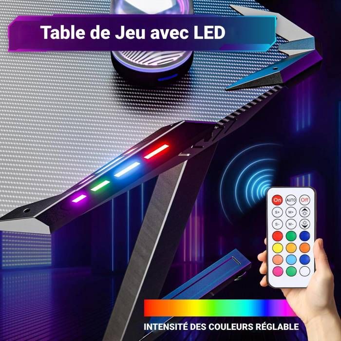 Bureau Gaming HLONONE 120x60x74cm - LED, Surface Fibre De Carbone, Noir