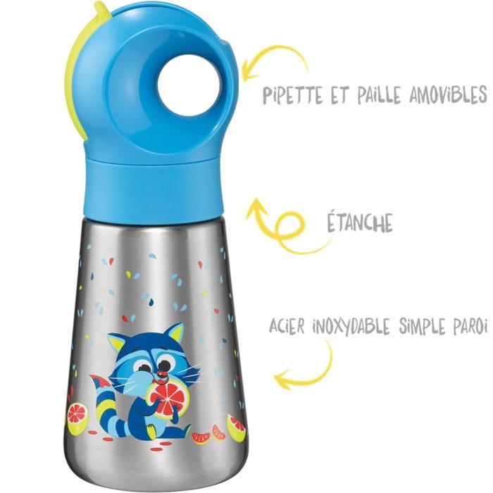 Gourde MINIZ en acier inoxydable 500 ml pour enfants - Design raton laveur - Étanche et