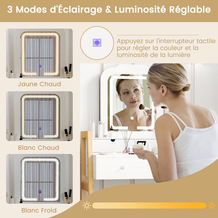 RELAX4LIFE Coiffeuse avec Mirroir LED et Tabouret|Miroir Pivotant à 360