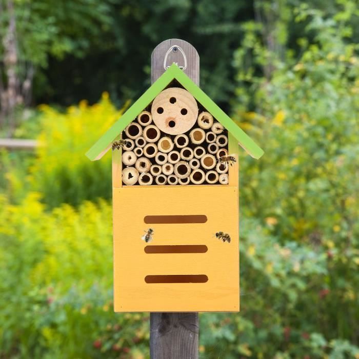Achat Nid d'abeille en bois épais avec pousses de bambou et toit en tôle,  facile à accrocher, excellent cadeau pour les amoureux des abeilles et des  insectes. en gros