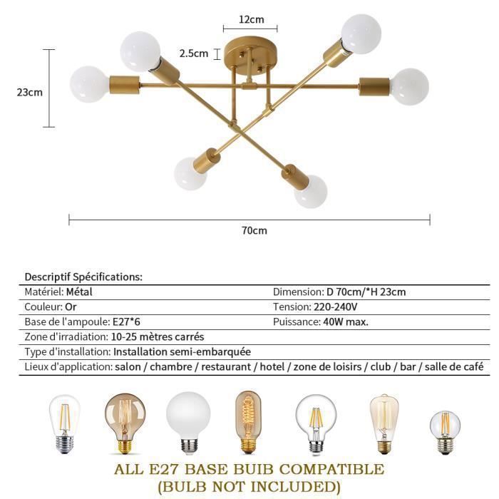 Lustre Sputnik Industriel 6 Lumières - Suspension Vintage Avec Bras Réglables - Pour Salon, Cuisine Ou Bar - Noir Et Or