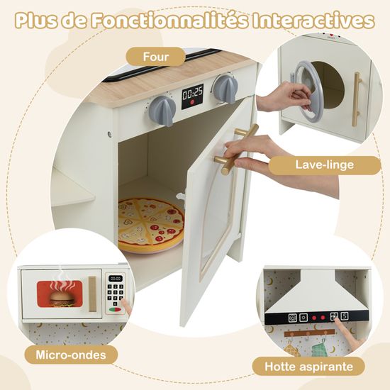 Costway Cuisine de Jeu pour Enfants avec Lumières et Sons Réalistes, Machine à Glaçons, Cuisinières, Évier, Four