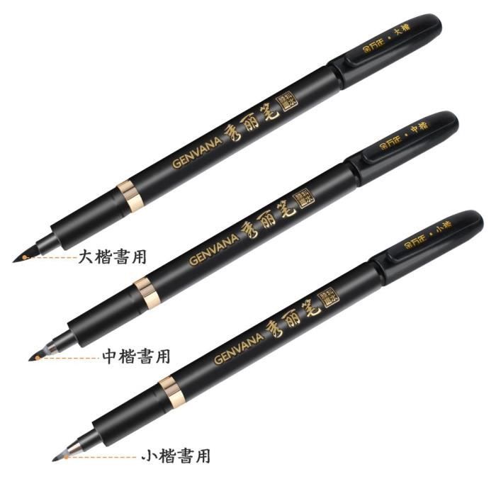 zizitips Set de 3 Stylos de Calligraphie Japonaise et Chinoise, Pinceaux Shodo avec 15ml d'Encre