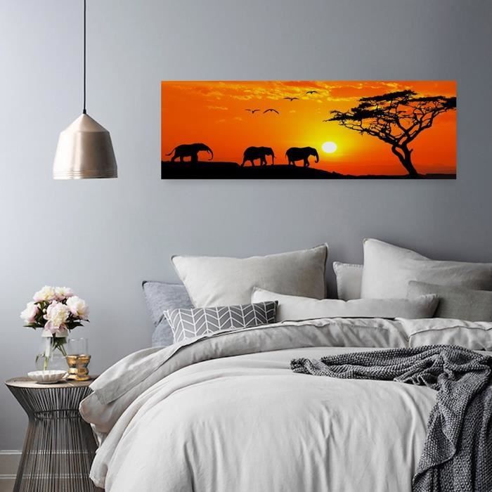 Tableau Toile 'Coucher De Soleil Savane éléphants' 90x60 Cm - Déco Murale Moderne Pour Salon, Chambre, Bureau - 8