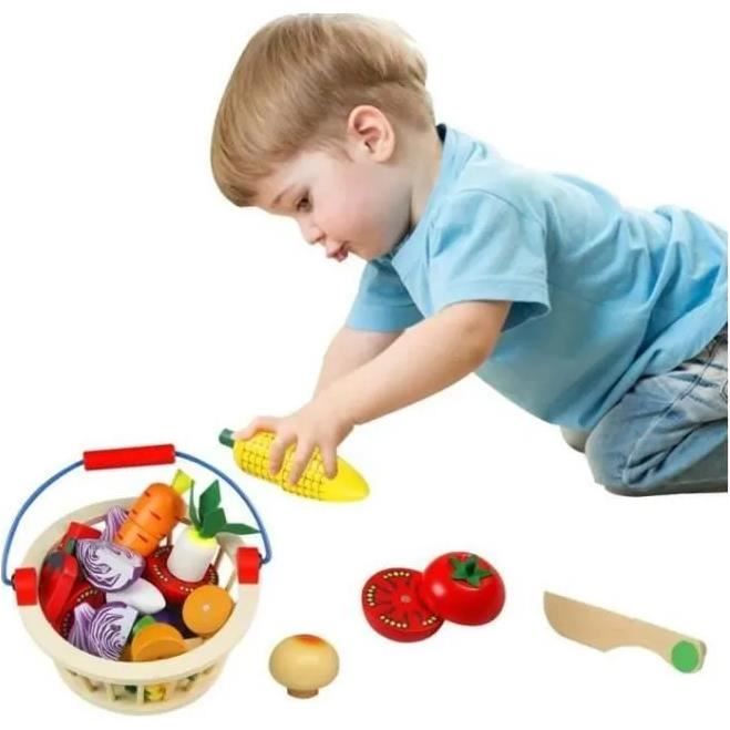 Omyzam – Set De Fruits Et Légumes En Bois à Découper – 5 Fruits, 6 Légumes, Planche Et Couteau – Seau De Rangement – Dès 2 Ans
