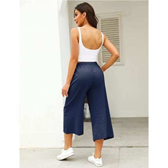 Pantalon Court Femme Ete Pantacourt Fluide Jambe en Pantalon de Loisir Droit a Jambe Large Pantalon 3 4 Coupe Evase