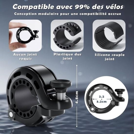 Sonnette Vélo 110 DB – Alliage Alu Chromé – Guidon 22-31,8 Mm – Étanche – Compacte – Garantie 2 Ans – Noir