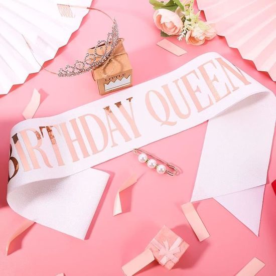 Kit Décoration Anniversaire "Birthday Queen" - Diadème Strass + écharpe Pailletée - Taille Unique - Pour Fête, Soirée - 4