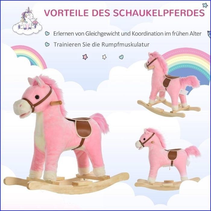 HOMCOM Cheval à bascule pour enfant de 36 à 72 mois, en peluche, rose, 65 x 32,5 x 61 cm