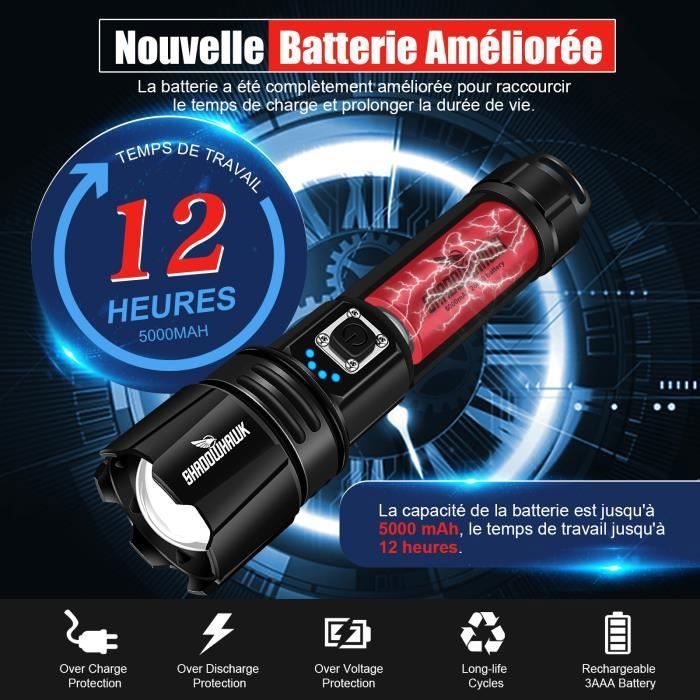 Lampe Torche LED Ultra Puissante, 10000 Lumens Rechargeable, IP67 Étanche Lampe Tactique, P70 Torches 5 Modes,Zoomable-Avec - Bricolage