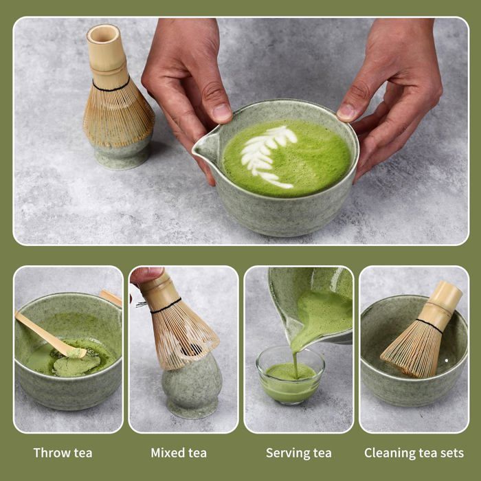 Set Matcha ZENS - 6 Pièces : Bol Sakura, Fouet Bambou, Tamis, Cuillère, Support, Torchon - Pour Cérémonie Du Thé Matcha - Débutants