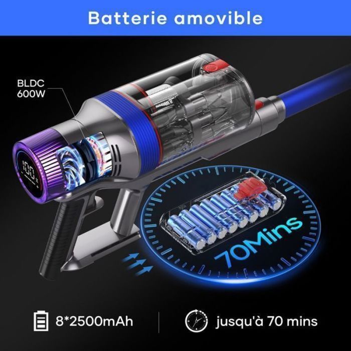 Aspirateur Balai Sans Fil Puissant 55KPa 600W - 55 Min D'Autonomie, Écran LED Intelligent & Support Mural, Idéal Poils Animaux, Tapis & Sols Durs