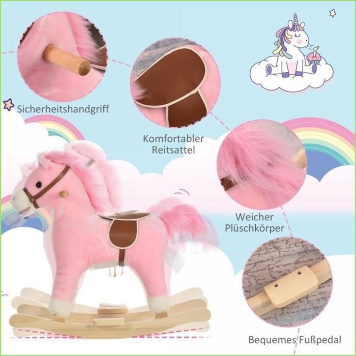 Cheval à Bascule HOMCOM 65x28x75 Cm – Rembourré, Sons Réalistes, 4 Roues – Dès 3 Ans