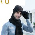 Ensemble 3 Bonnet +Écharpe+ Gants d'écran Tactile Tricoté d'hiver Doublure Molleton Doux Chaud Cache-Cou pour Homme-Noir-0