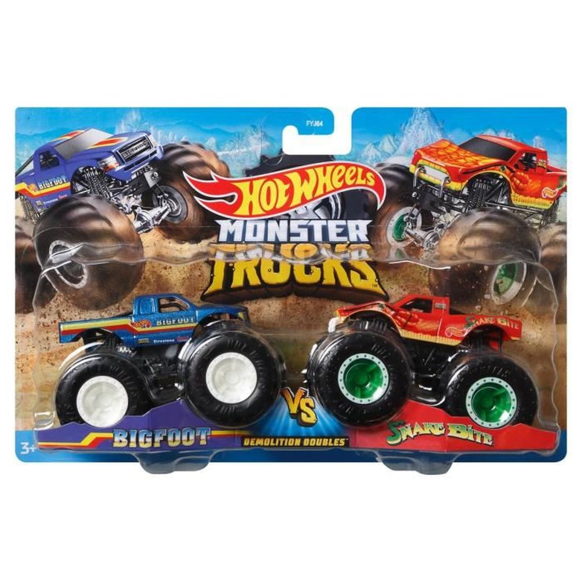 Hot Wheels Monster Trucks Demolition Doubles 1/64 Voiture en métal Bigfoot Vs Snake Bite