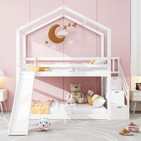 DRIPEX Lit Superposé 90x200 cm avec toboggan et échelle de rangement pour enfant,Lit maison en bois,Lit Cabane avec Protection,Blanc