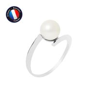 PERLINEA - Bague Véritable Perle de Culture d'Eau Douce Ronde 7-8 mm - Colori Blanc Naturel - Or Blanc - Bijou Femme