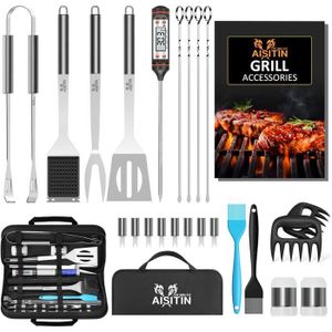 USTENSILE AISITIN Ustensiles Barbecue Kit Barbecue 25 Pièces Accessoire Barbecue Acier Inoxydable pour Camping Barbecue Cadeau Homme22