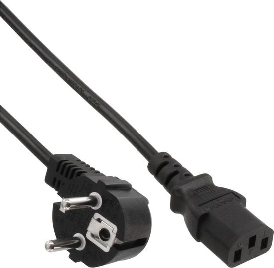 Cordon D'alimentation Secteur Coudé 2 Pôles + Terre CEE7 / IEC C13 - 1.80 M Noir - Neuf (ouvert)