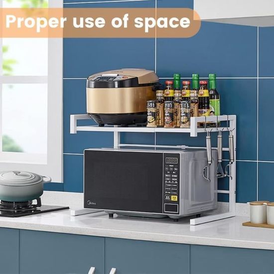 OHMG Étagère Extensible Micro-Ondes 2 Niveaux - Support Robuste En Acier Avec 4 Crochets - Rangement Cuisine Gain De Place 57x38x38 Cm