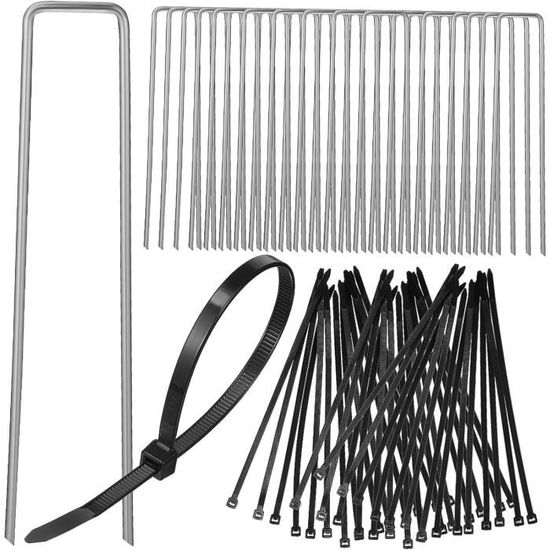 Graxury Lot De 50 Piquets Jardin U 15cm 4mm – Acier Galvanisé Robuste Anti-Rouille, Agrafes Toile Anti-Mauvaises Herbes + Crochet Ramassage