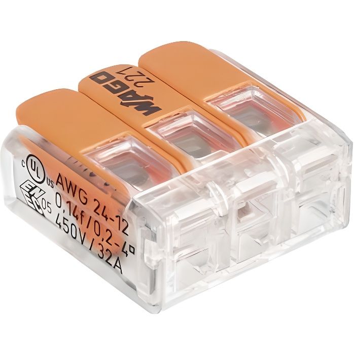 Mini borne de connexion Wago à levier série 221 - Nombre de fil 3 Nombre de pièce 12 - Wago