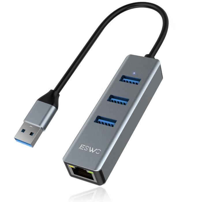 Adaptateur Hub USB 3.0 Ethernet,JESWO Adaptateur USB Rj45 avec Port LAN RJ45 Gigabit, 3 Ports de données USB 3.0 pour Windows,Mac OS