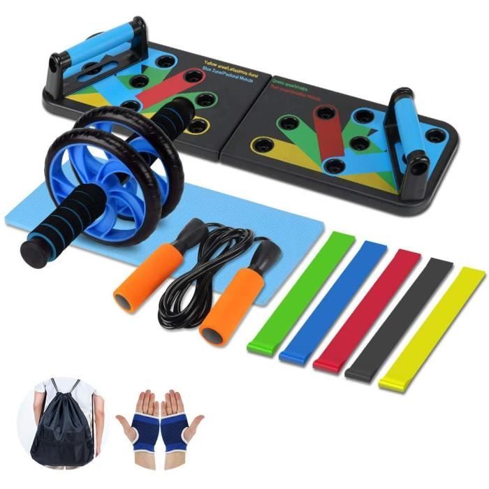 Kit Musculation 4 pièces-Élastique Sport Bandes- Push Up Board 13 en1- Corde à Sauter Adulte- Roue Abdominale avec Genou Tapis