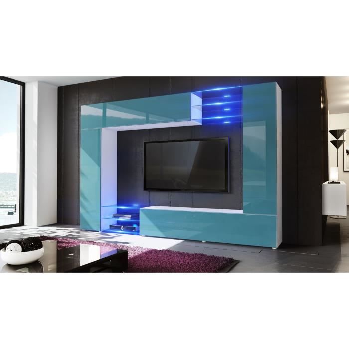 Meuble tv murale blanc et bleu pétrole 260 cm avec LED