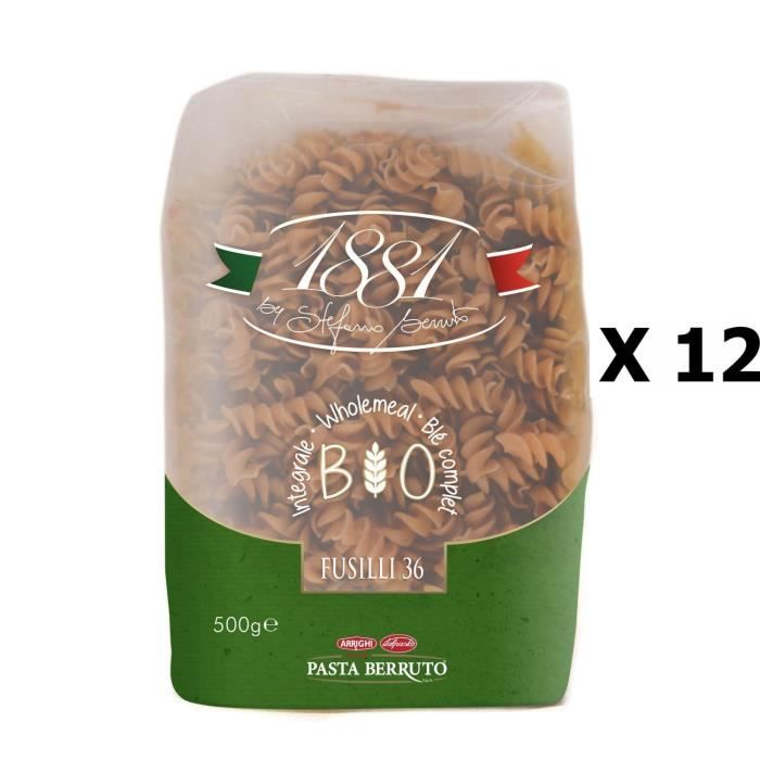 Lot 12x Pâtes blé complet Fusilli n°36 BIO - 1881 Pasta Berruto - paquet 500g