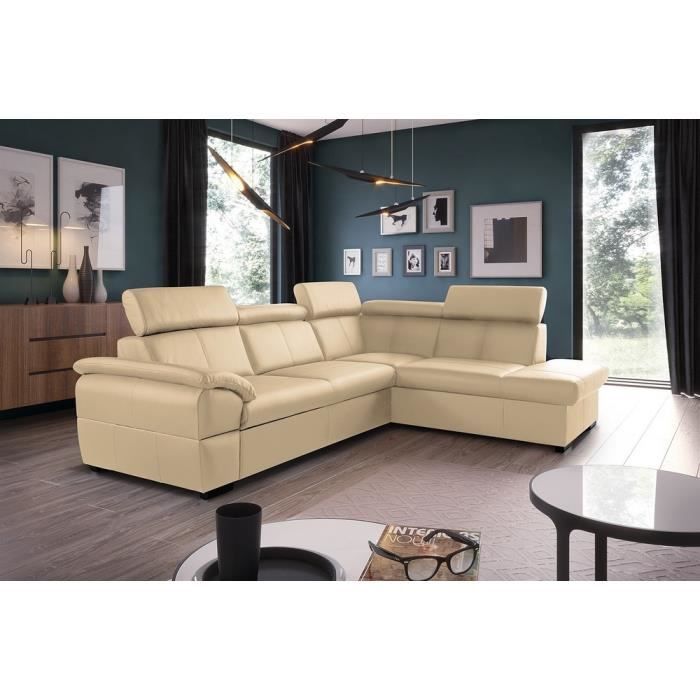 Canapé d'angle convertible en cuir italien de luxe 5/6 places TONY, avec coffre, beige, angle droit