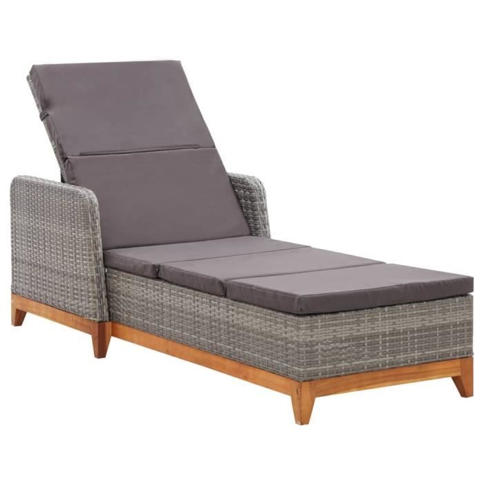 Bain de soleil - Chaise longue Résine tressée et bois d'acacia massif Gris