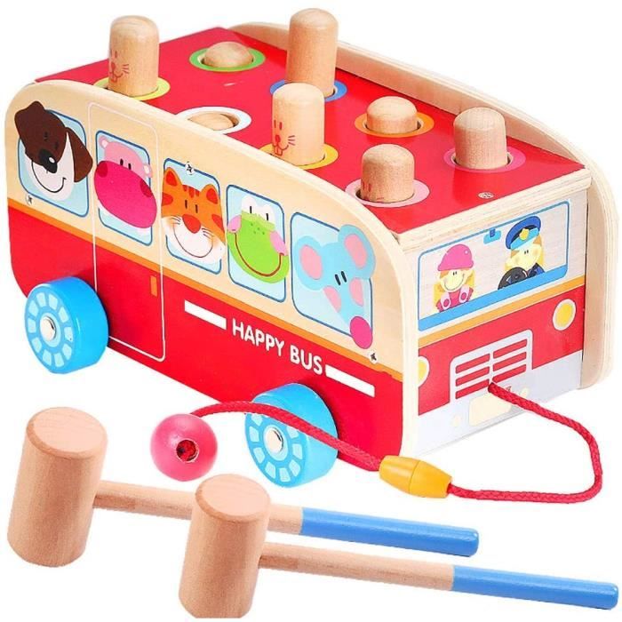 Jouets Marteau Bois pour Garçon et Fille 3 en 1 Jouet À Tirer Bus Animaux Chasse Taupe Jeu pour Enfants à Partir de 18 Mois