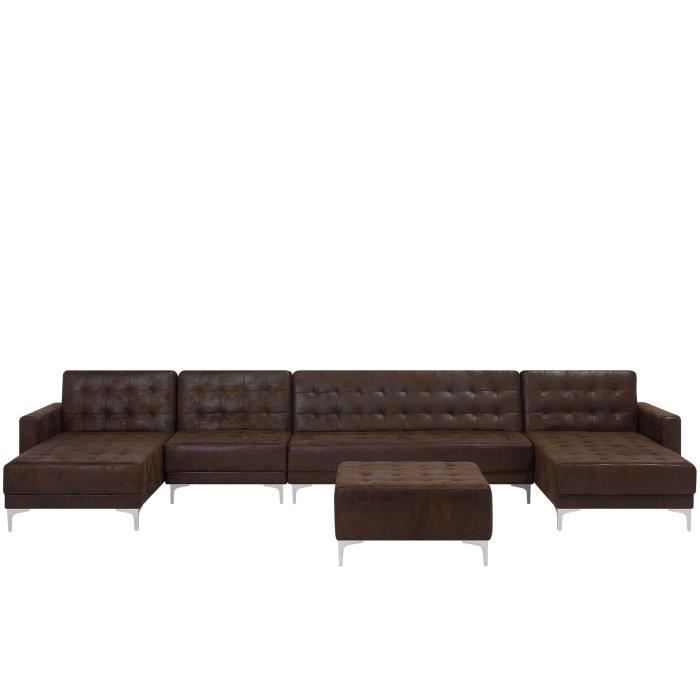 Canapé 6 places modulable en U en simili cuir avec pouf marron ABERDEEN
