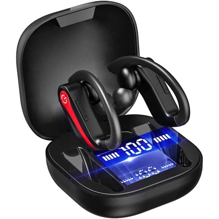Écouteurs sans fil Bluetooth 5.1 Sports Écouteurs intra-auriculaires à réduction de bruit avec micro IP7 étanche, 40H Playtime Rouge
