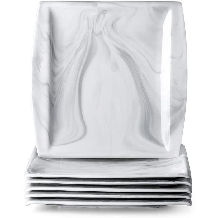 MALACASA, Série Blance, 6pcs Assiettes en Porcelaine,Motif en Marbre, Assiette à Dinner, Grise, Assiettes Plates pour 6 Personnes
