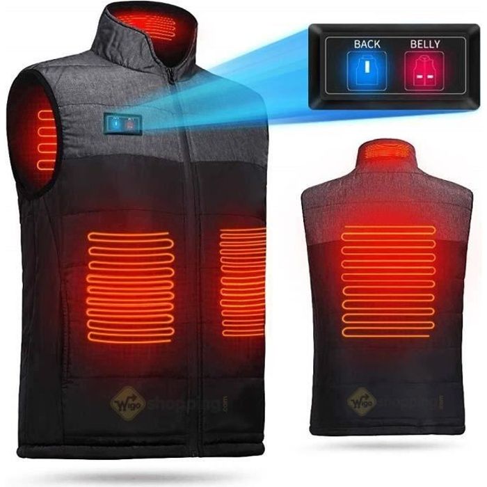 Gilet Chauffant électrique Double Interrupteur réglable 4 réchauffeurs Chargement USB Protection Contre Froid (Batterie Non Incluse)